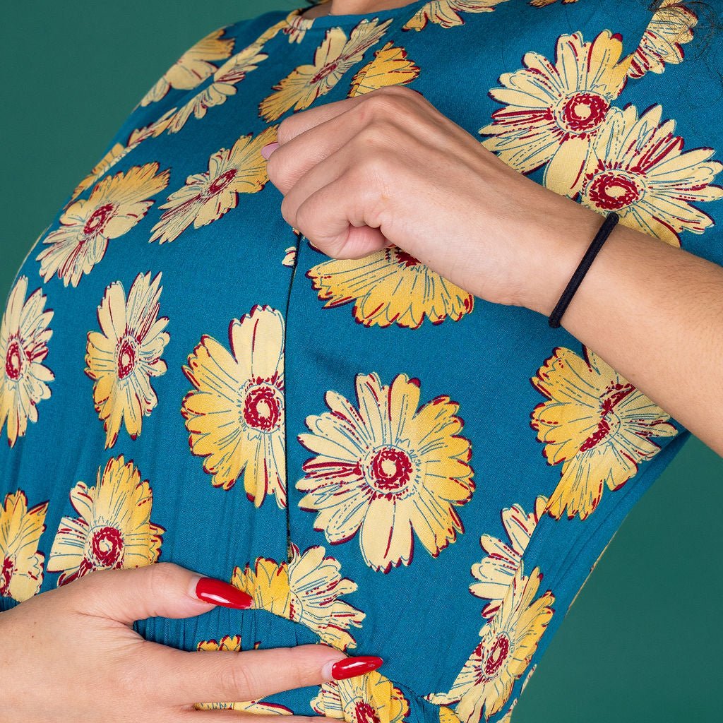 The Midi Breastfeeding Dress - Blue Sunflower Cotton