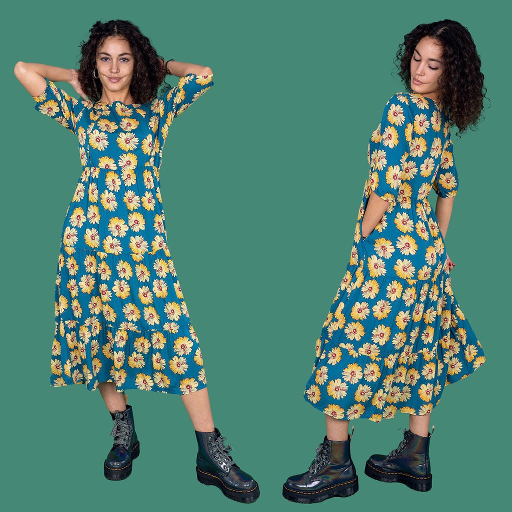 The Midi Breastfeeding Dress - Blue Sunflower Cotton