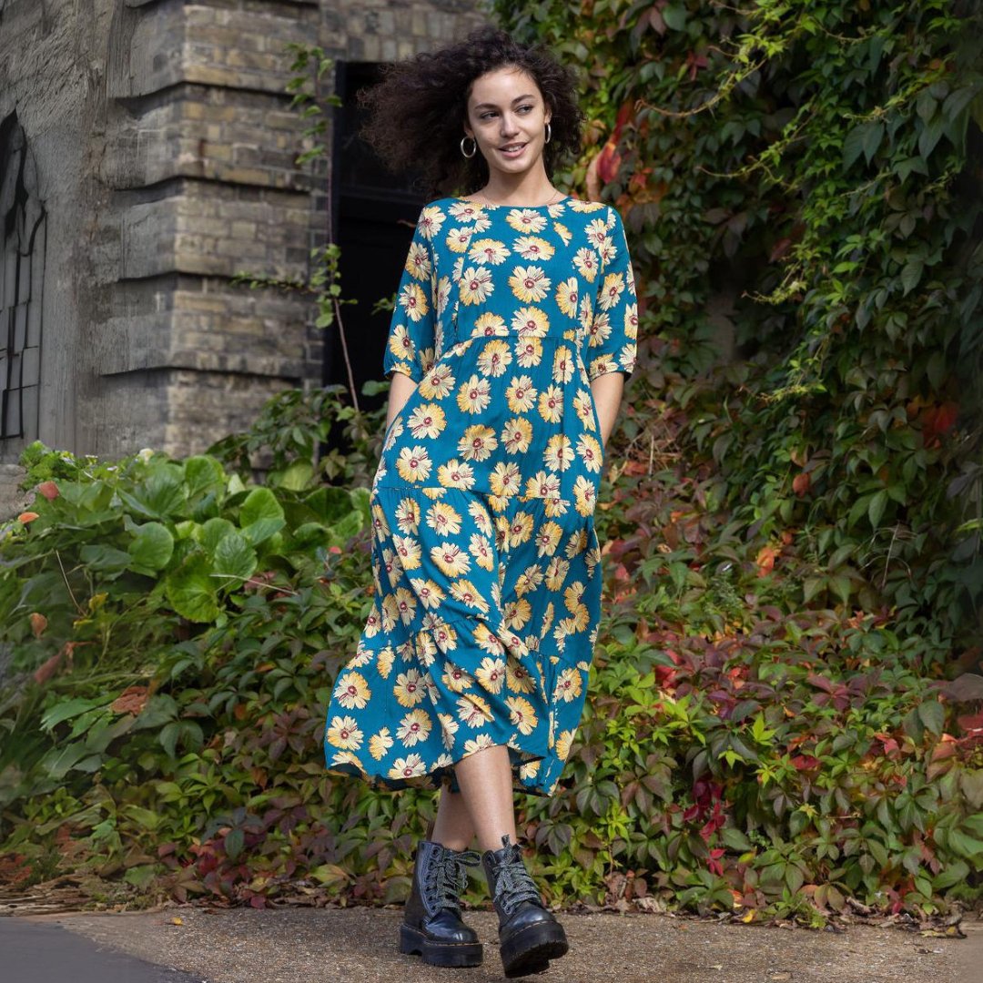 The Midi Breastfeeding Dress - Blue Sunflower Cotton