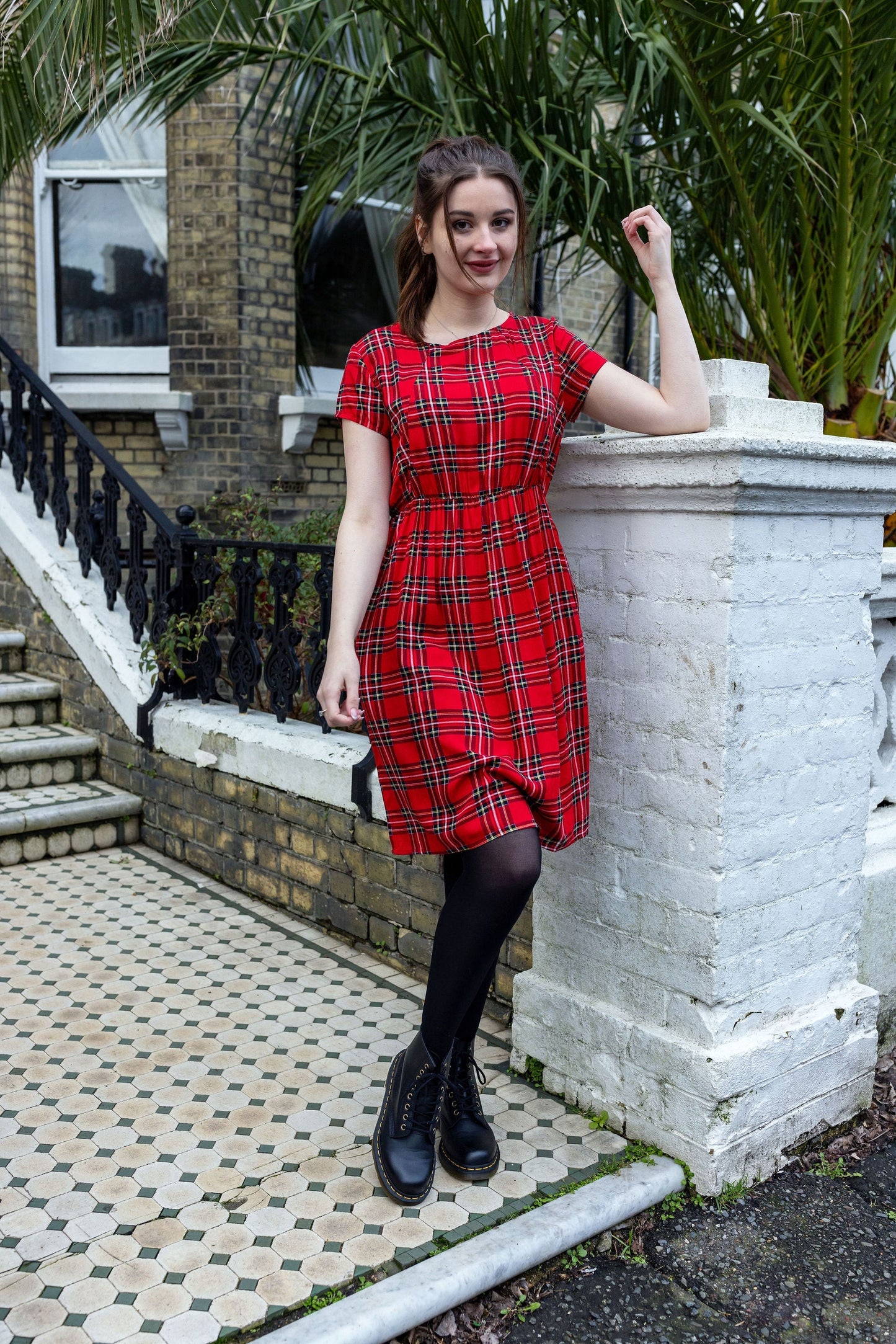 The Knee Length Breastfeeding Dress - Red Tartan Cotton