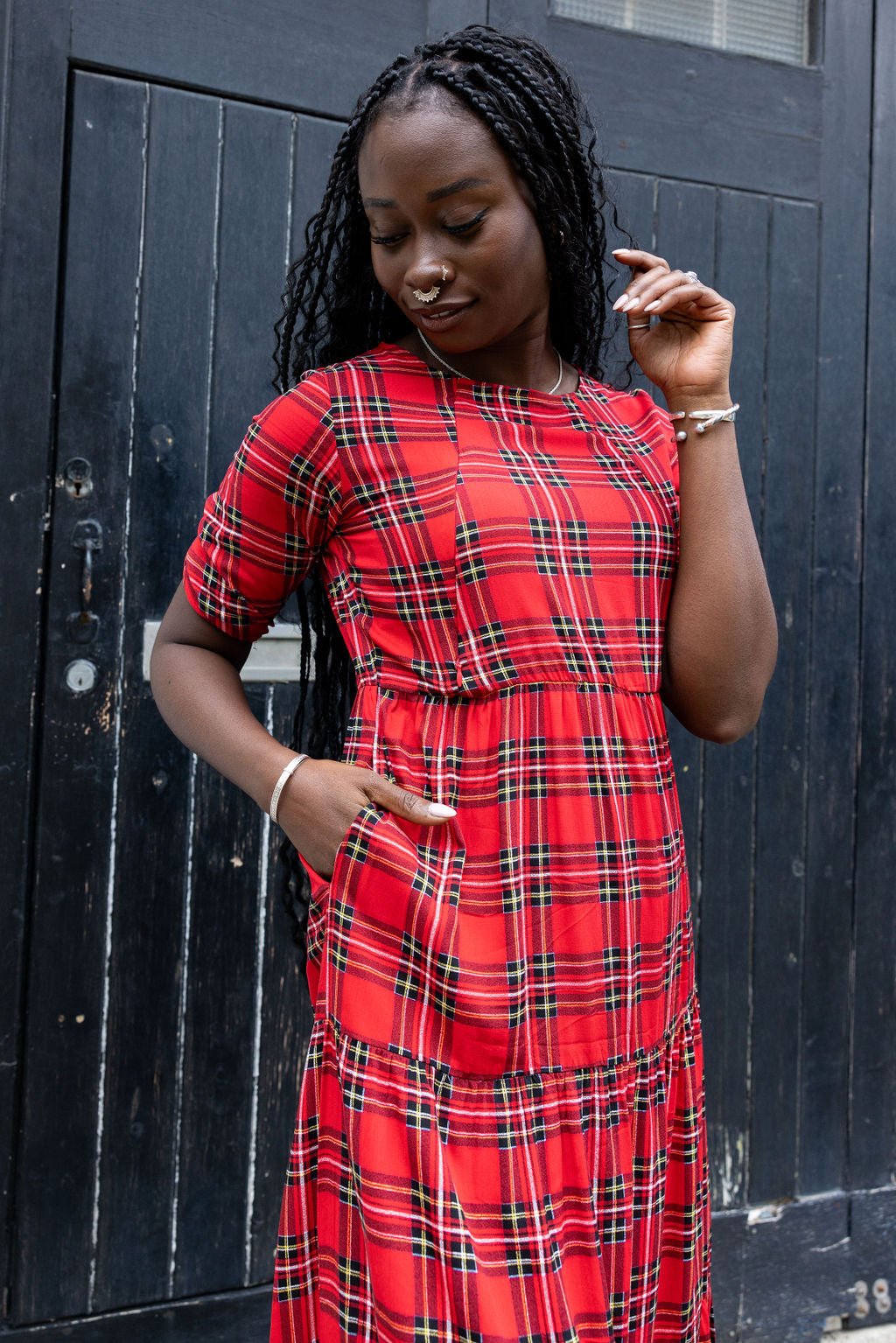 The Midi Breastfeeding Dress - Red Tartan Cotton Pre Order
