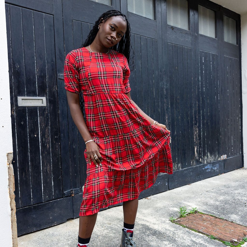 The Midi Breastfeeding Dress - Red Tartan Cotton Pre Order