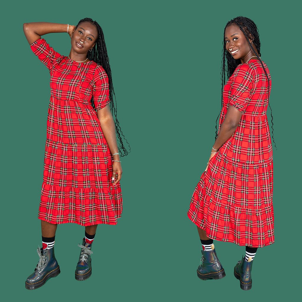 The Midi Breastfeeding Dress - Red Tartan Cotton Pre Order