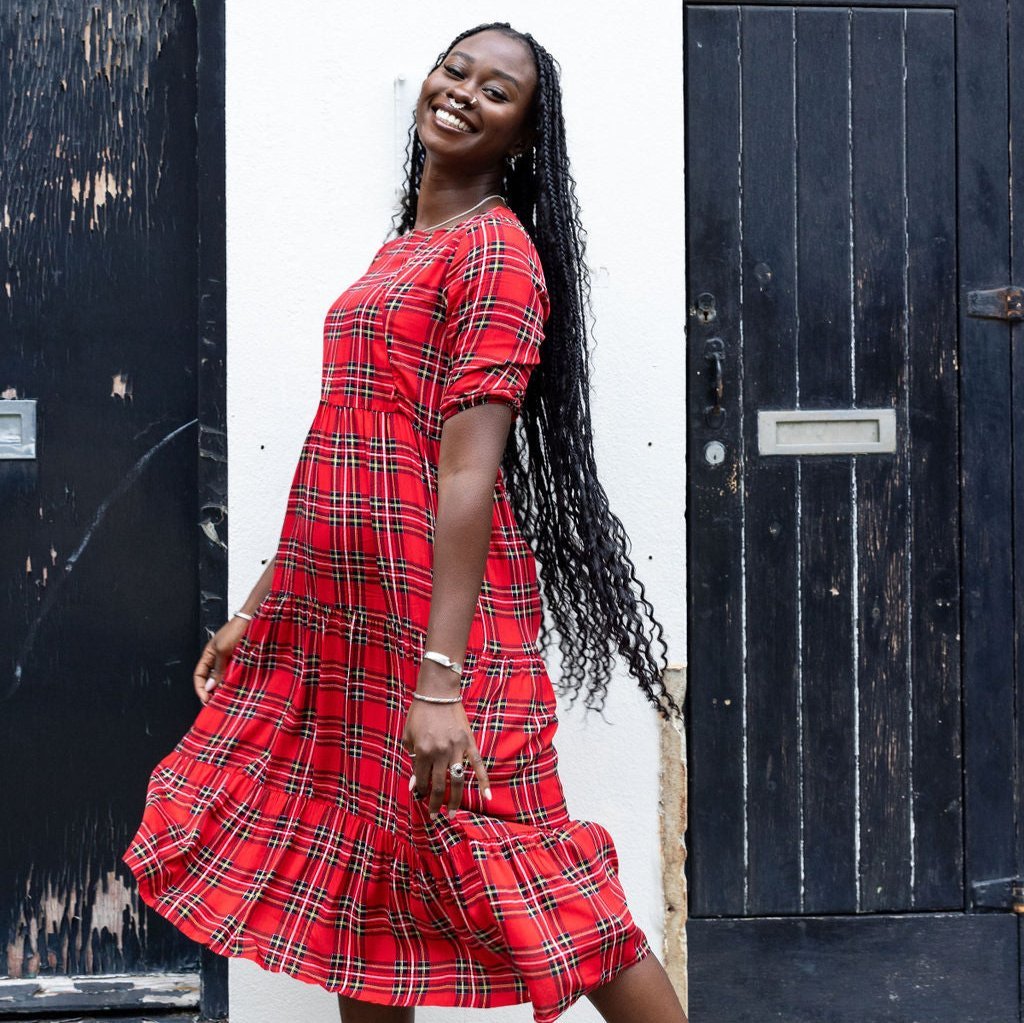 The Midi Breastfeeding Dress - Red Tartan Cotton Pre Order