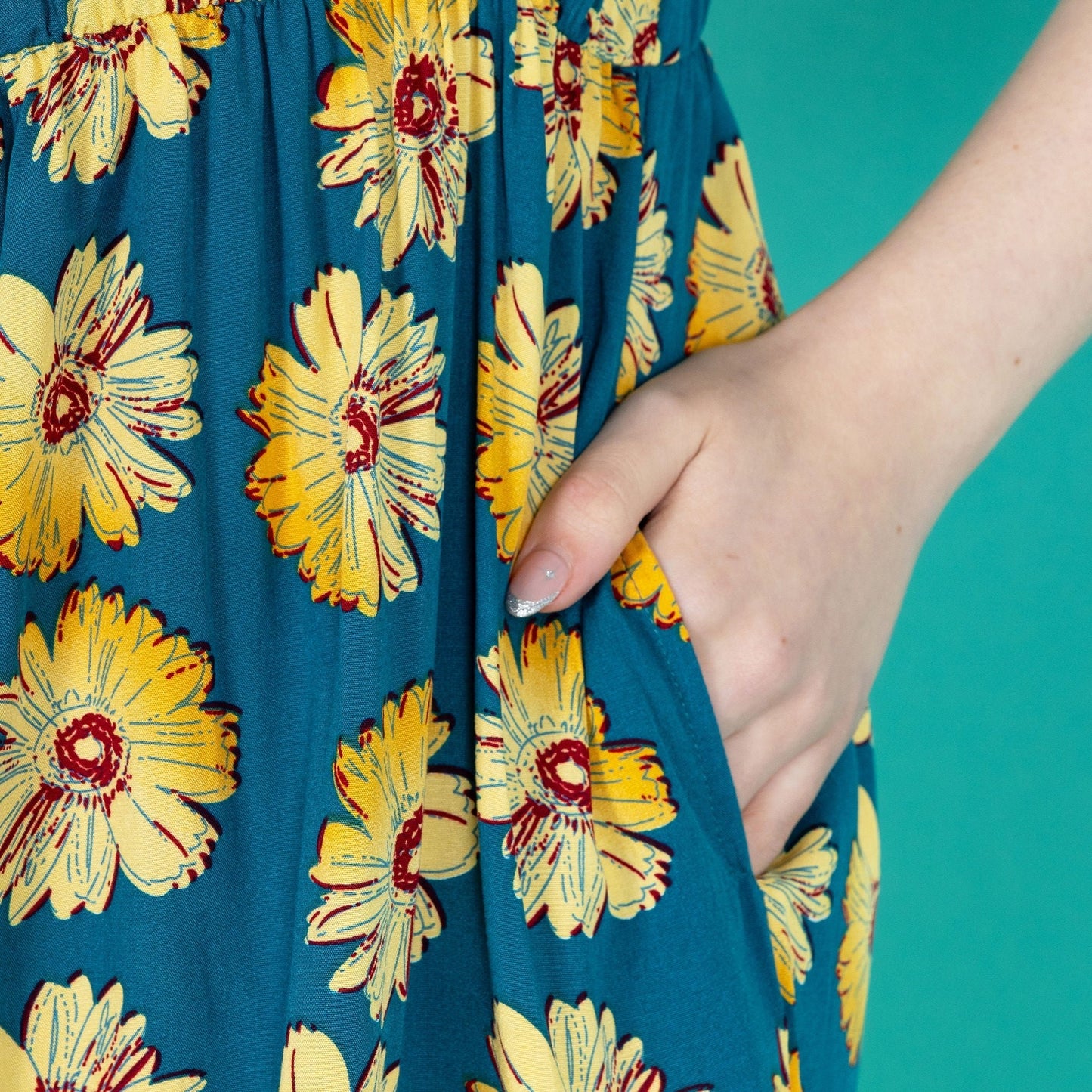 The Knee Length Breastfeeding Dress - Blue Sunflower Cotton