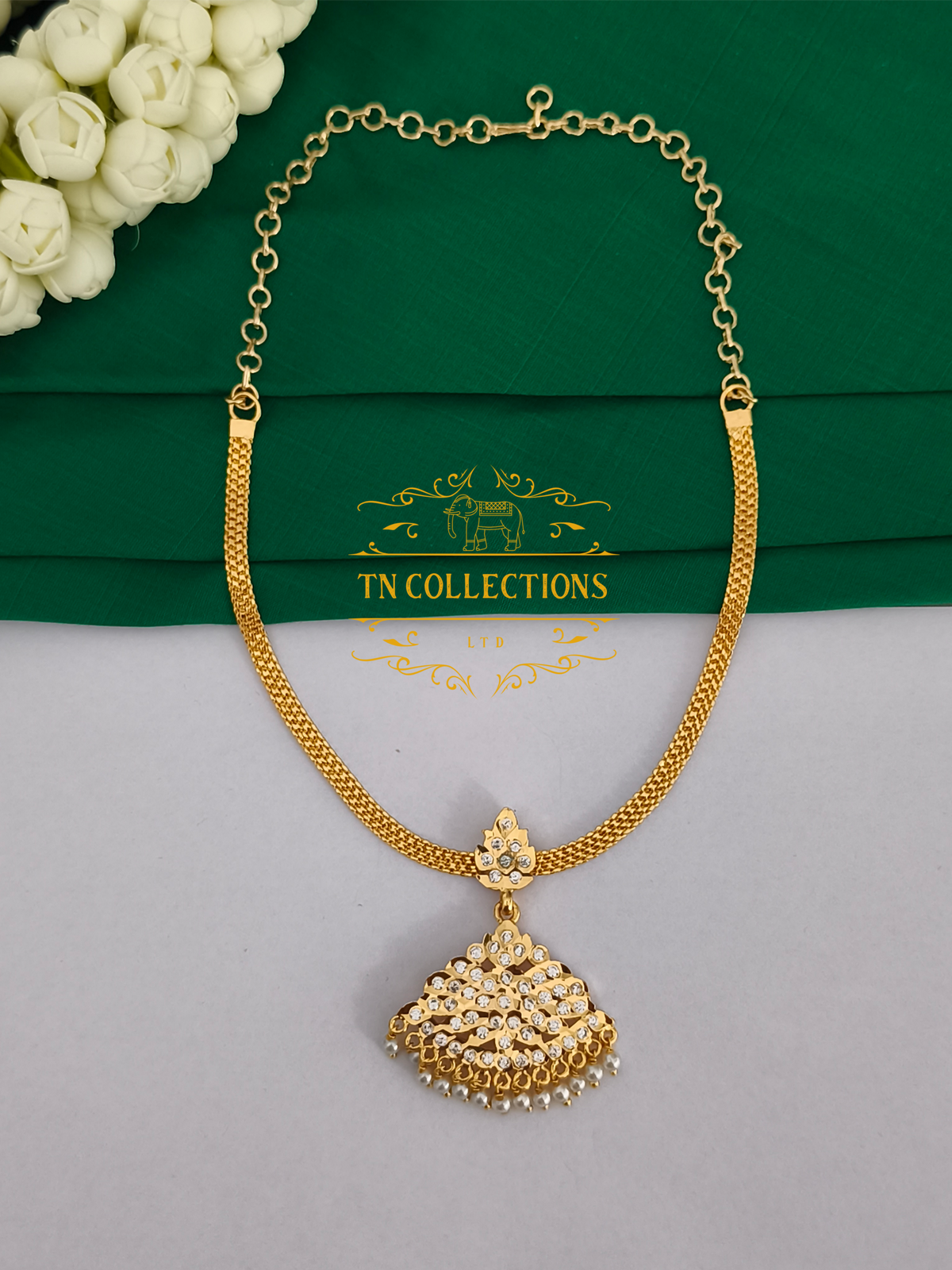 Traditional Impon Micro gold plated Attiyal (Full white Stones)