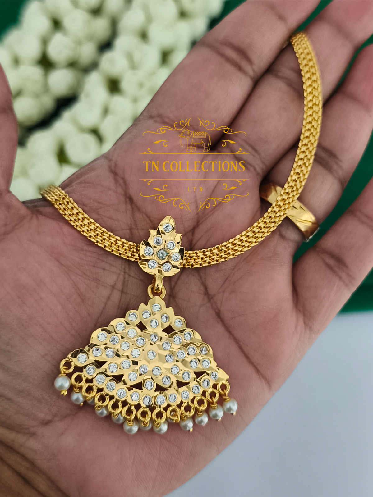 Traditional Impon Micro gold plated Attiyal (Full white Stones)