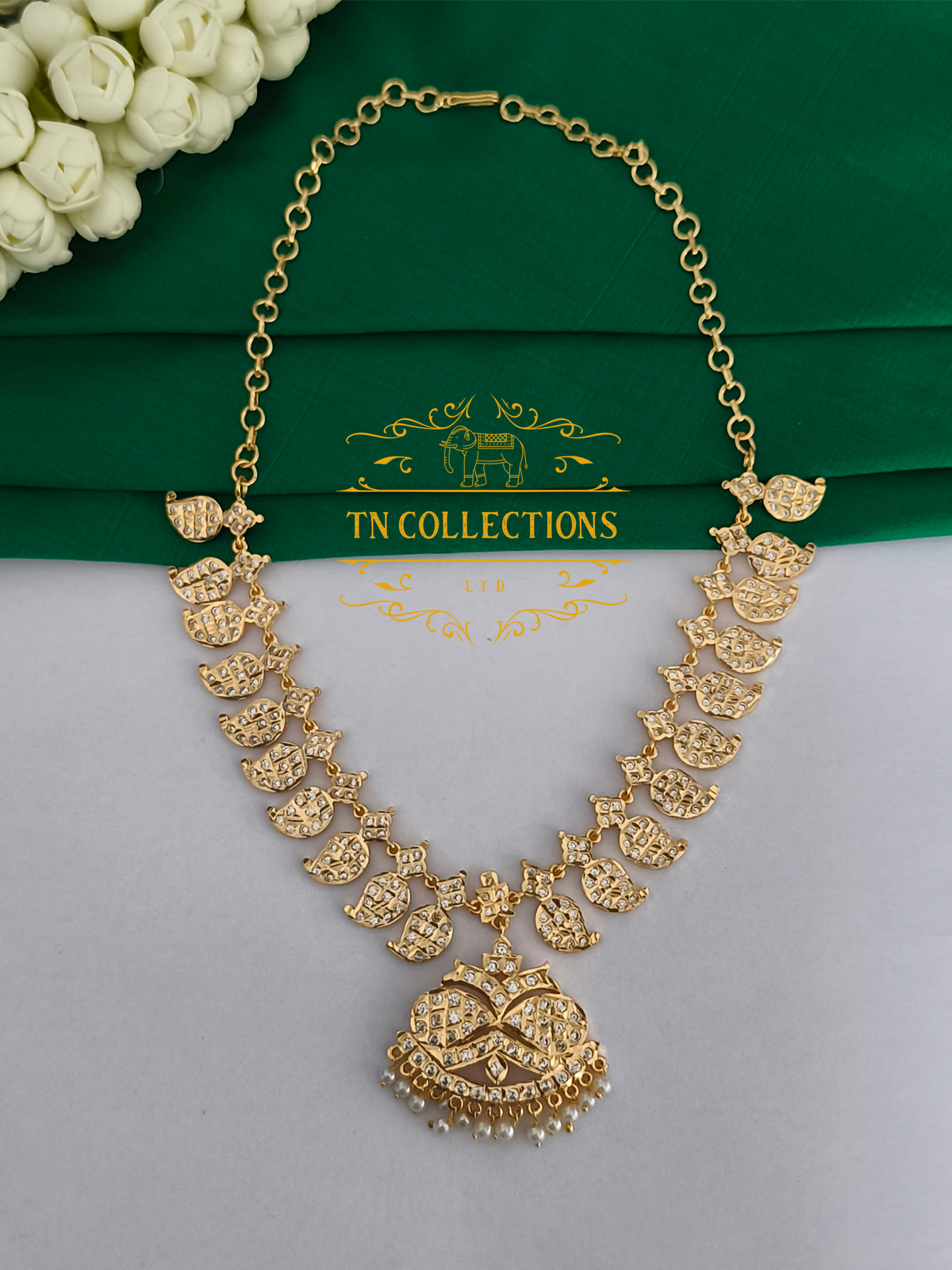 Micro Gold Finish Impon Mango Attiyal (Full White Stones)