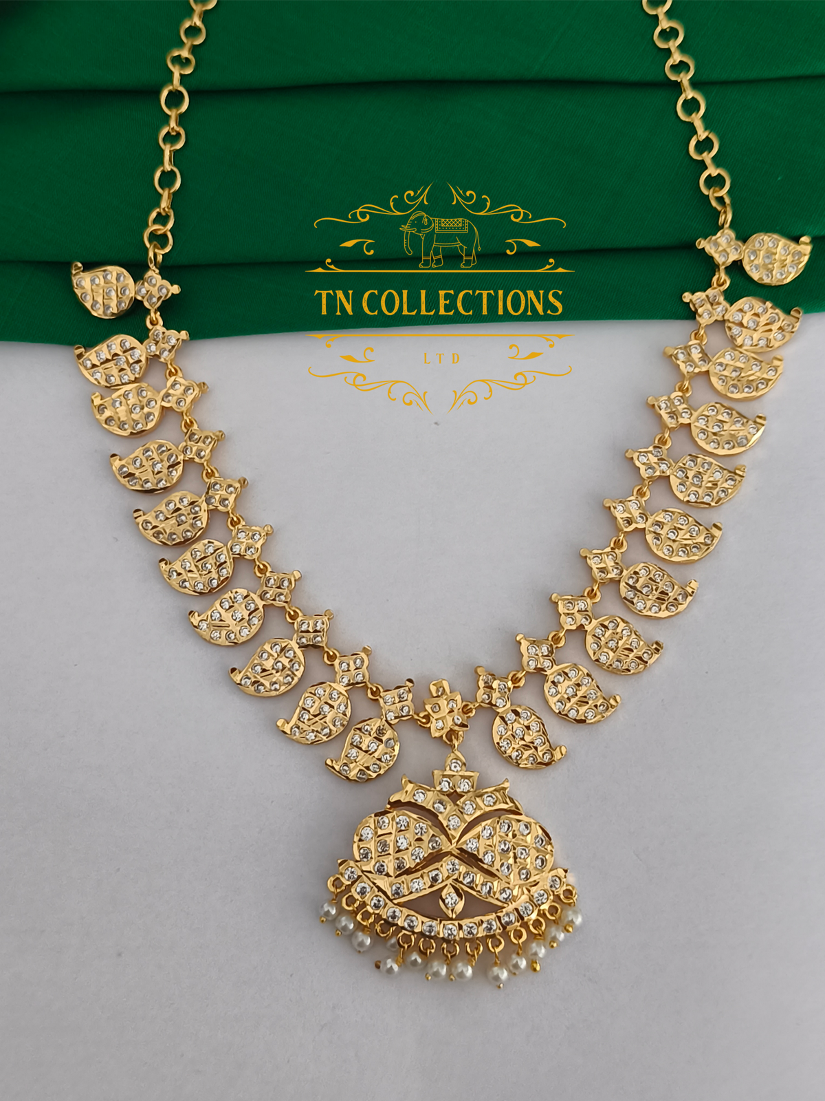 Micro Gold Finish Impon Mango Attiyal (Full White Stones)