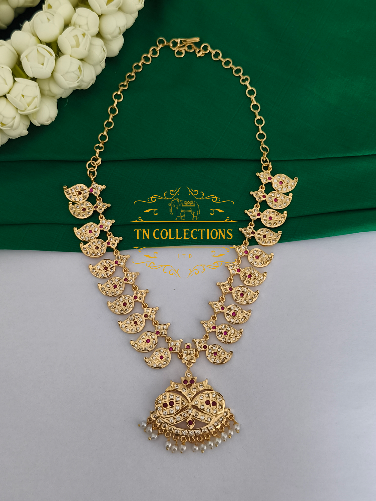 Micro Gold Finish Impon Mango Attiyal (Ruby & White Stones)