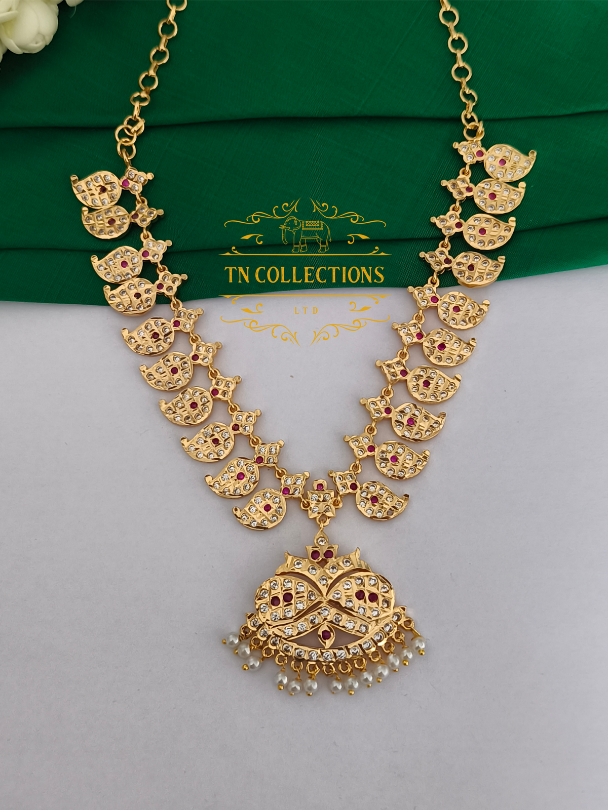 Micro Gold Finish Impon Mango Attiyal (Ruby & White Stones)