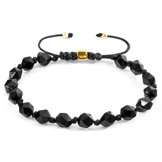 Black Agate Zebedee 9ct Yellow Gold and Stone Beaded Macrame Bracelet