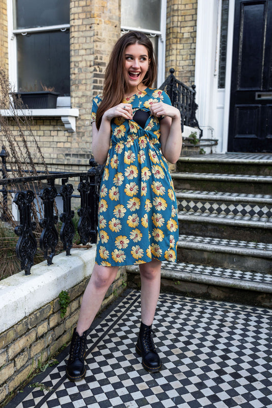 The Knee Length Breastfeeding Dress - Blue Sunflower Cotton