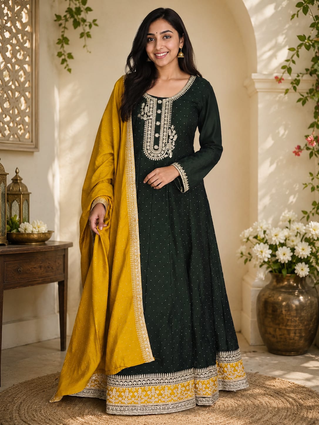 Grand Partywear 3pcs Anarkali Suit ( Dark Green)- Size L,XL