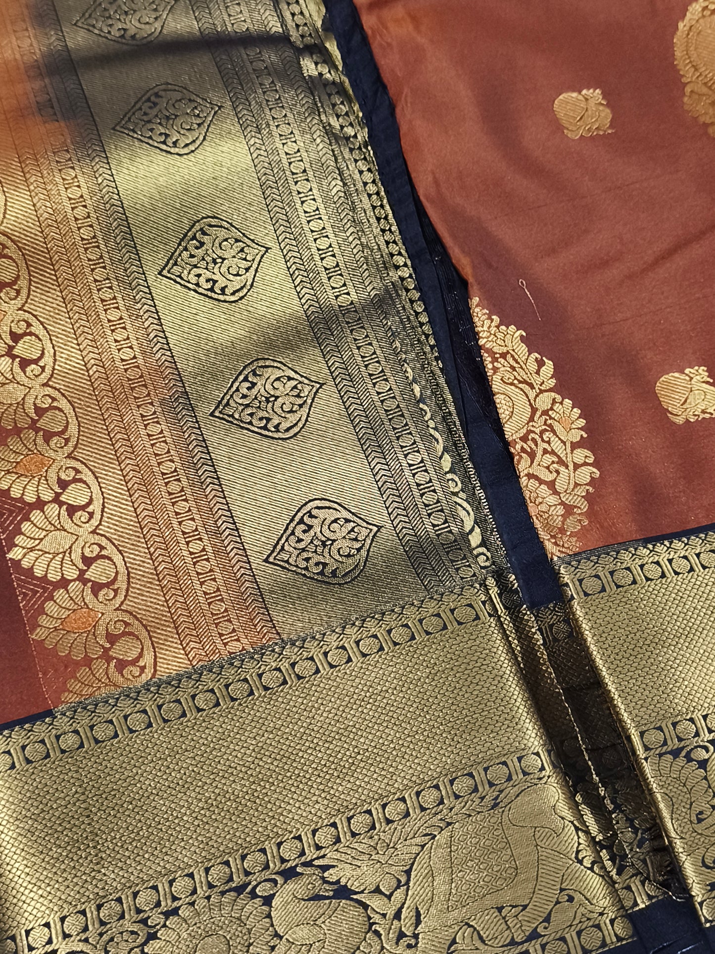 Trendy Vintage Rusty Orange with Dark Brown Kanchi Semi silk saree