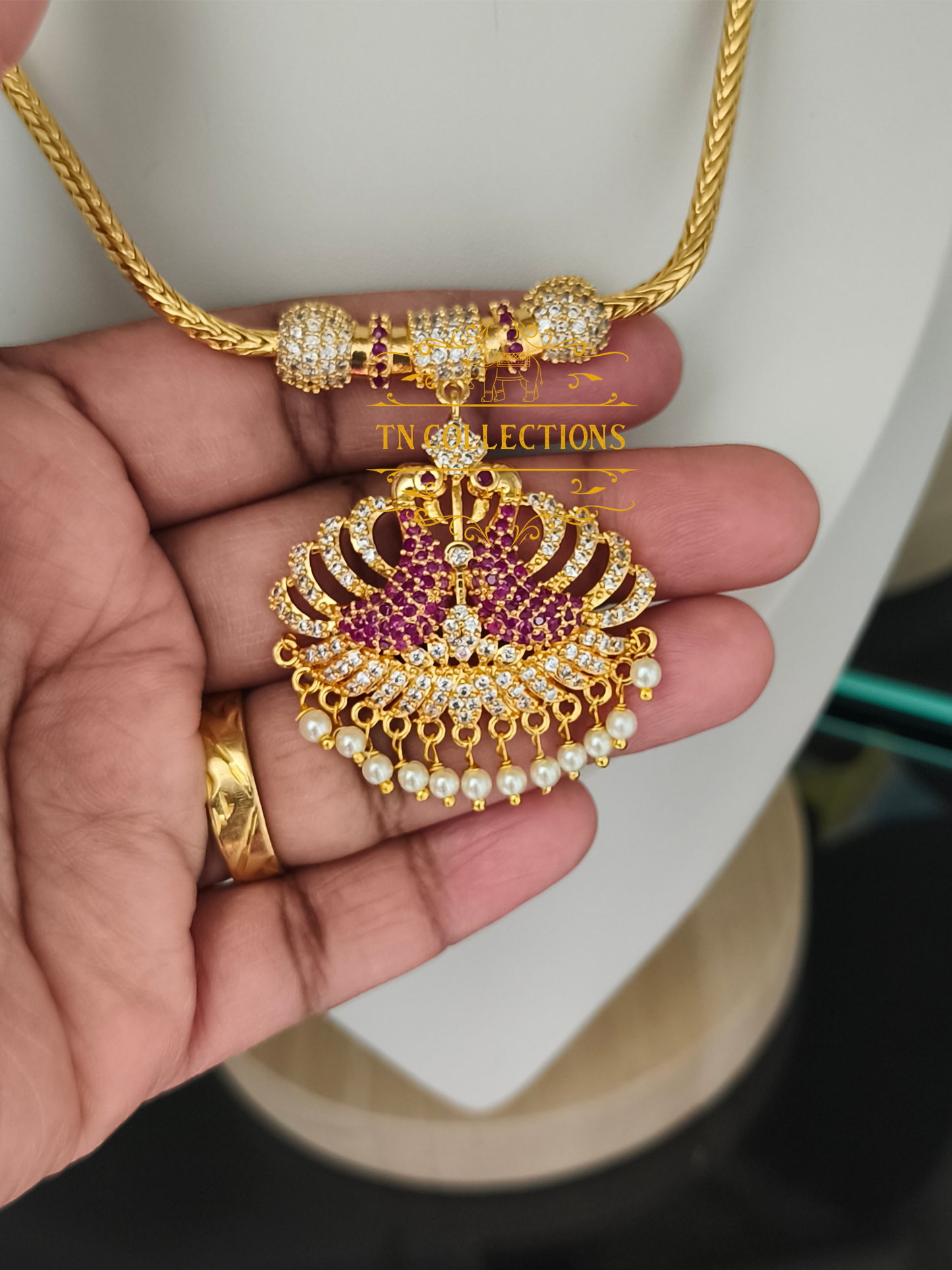 Micro Gold-Plated Peacock Attiyal (Ruby and white stones)