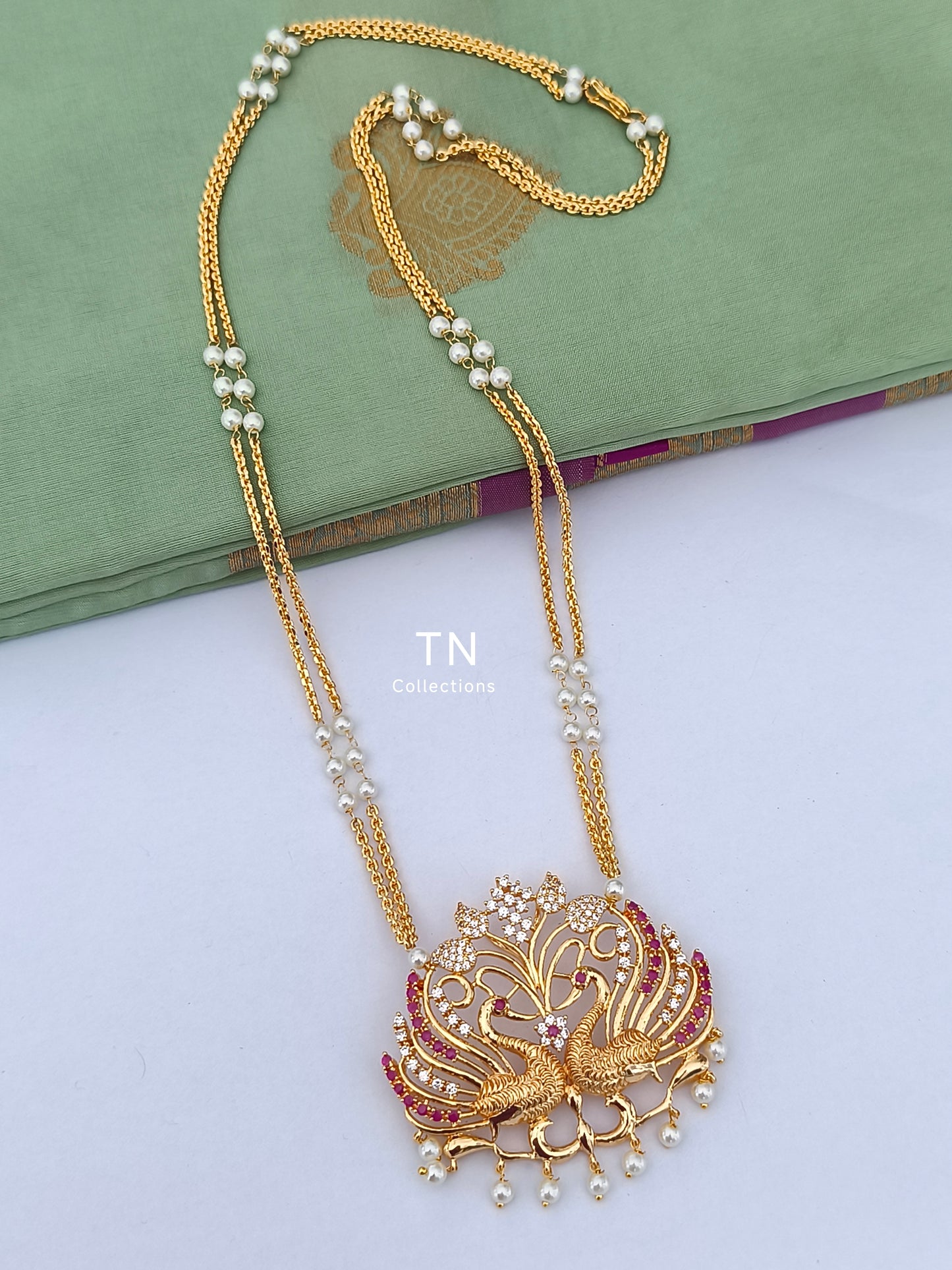 Micro gold plated Peacock Design Pathakkam with pearl chain