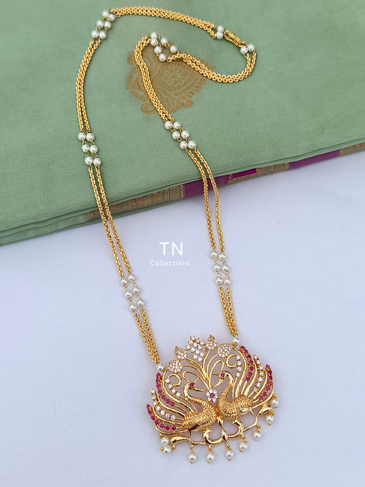 Micro gold plated Peacock Design Pathakkam with pearl chain