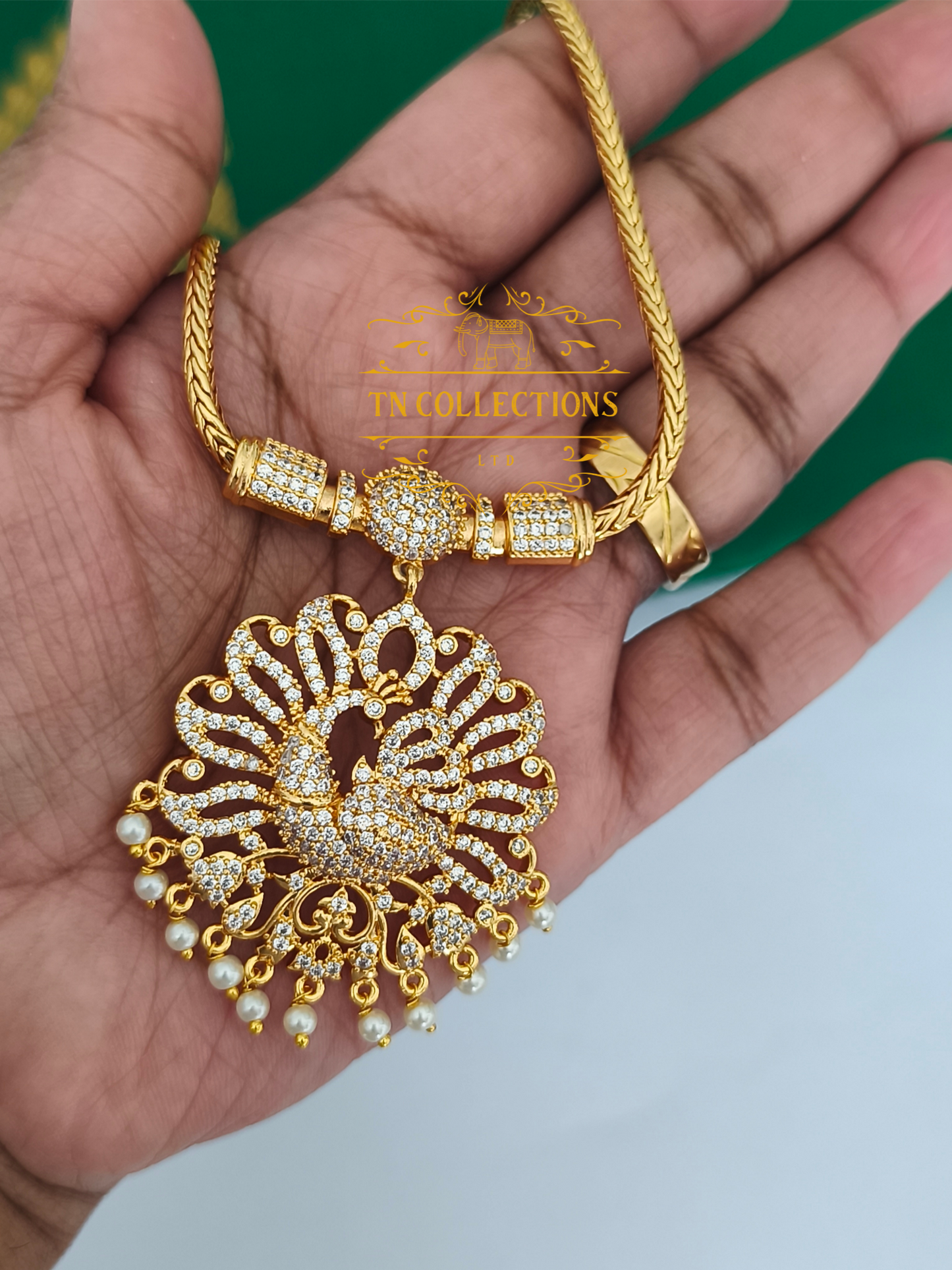 Micro Gold-Plated Peacock Attiyal (Full White stones)