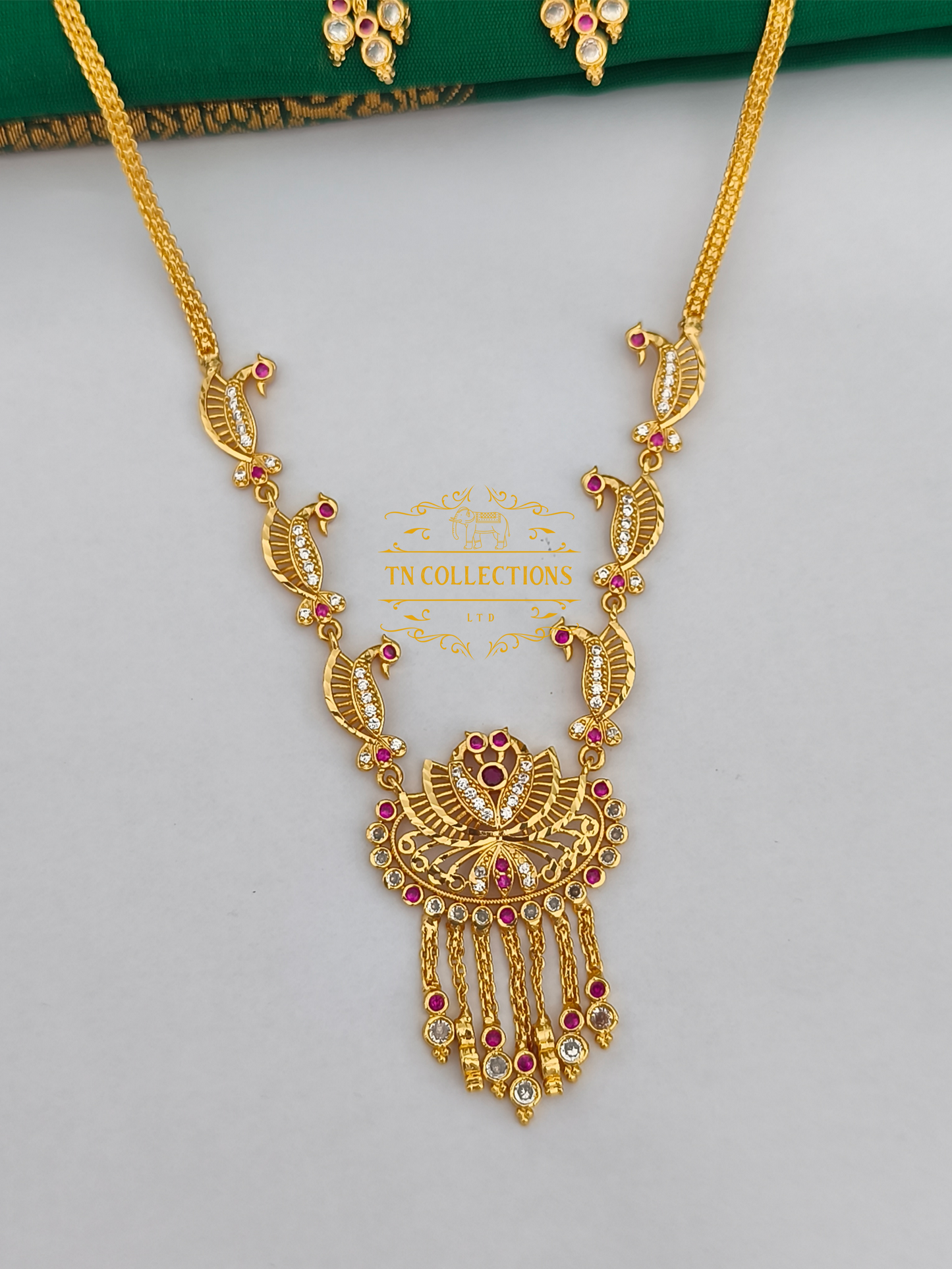 Micro Gold-Plated Traditional Peacock Design Necklace Set (Ruby & White stones)