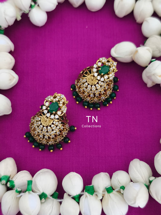 AD Antique Matte Finish Green Jhumka Earrings