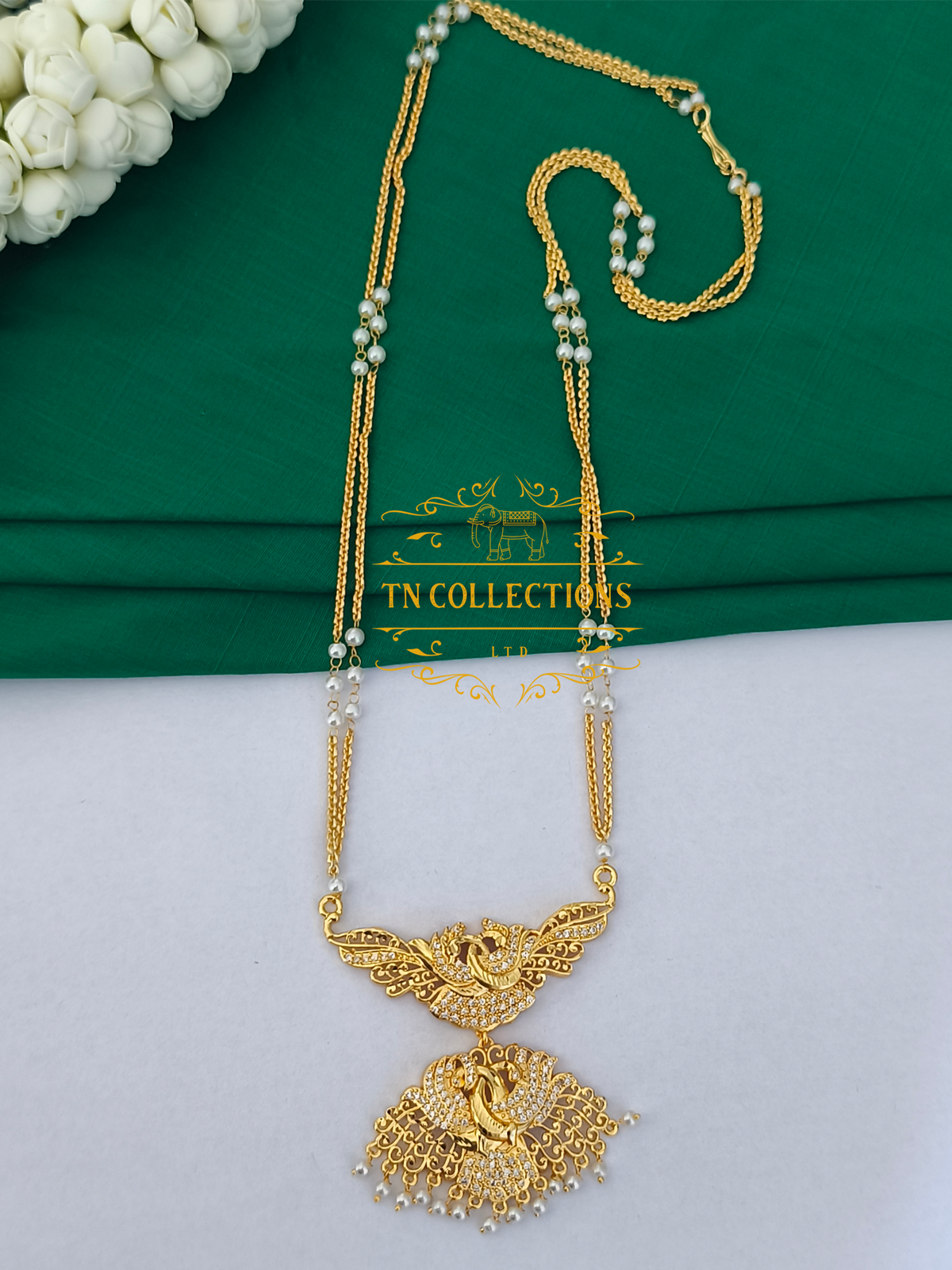 Micro Gold-Plated Traditional Pathakkam with Pearl Chain (Full white stones)