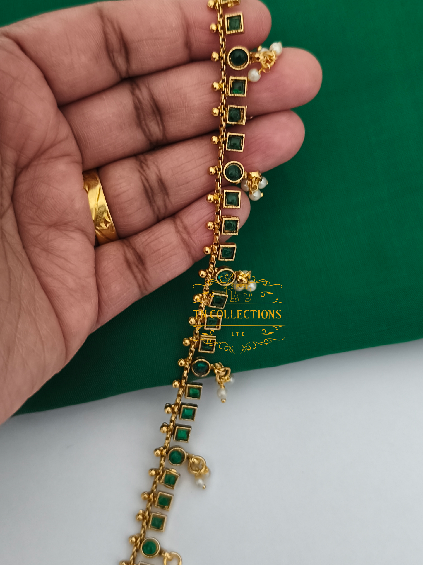 Kemp Stone Brass metal Hip Chain( Green Stones)