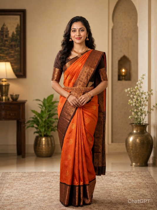 Pure Kanchi Semi Silk Saree(Rusty Orange with Coffee Brown)