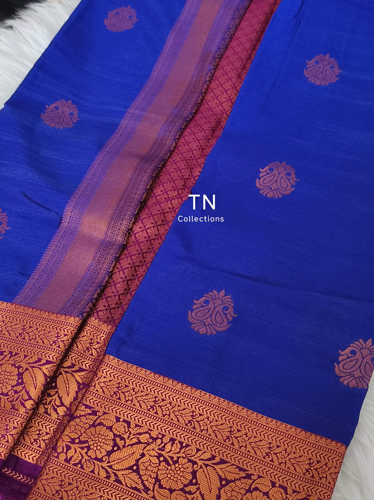 Blue Premium Kanchi Semi Silk saree with contrast blouse