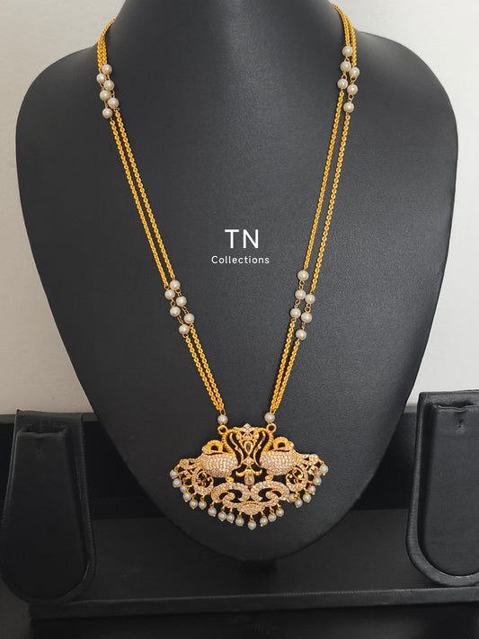 Micro gold plated Traditional Peacock Design Pathakkam with pearl chain