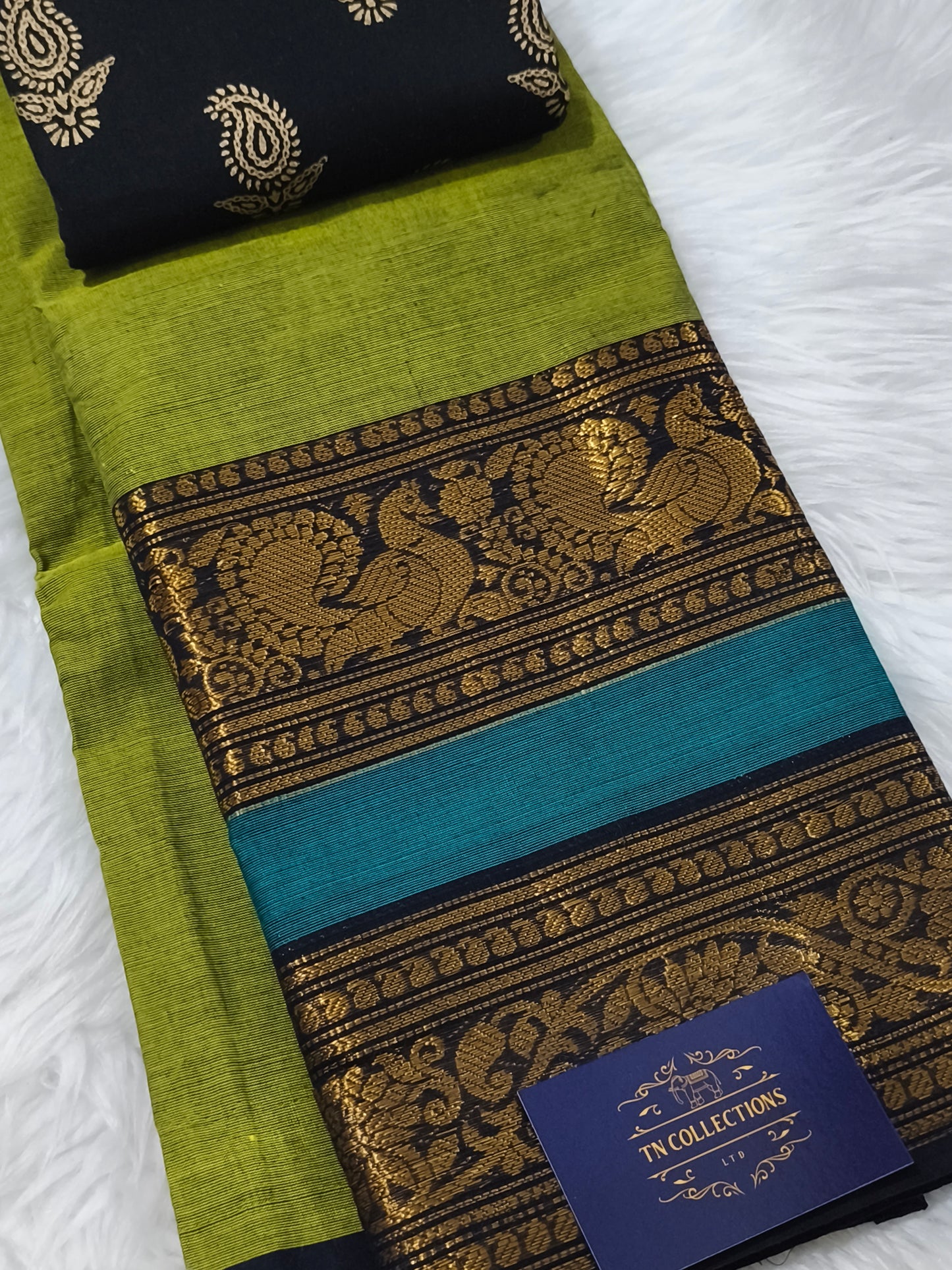 Green Pure Chettinad cotton saree with Kalamkarai blouse material