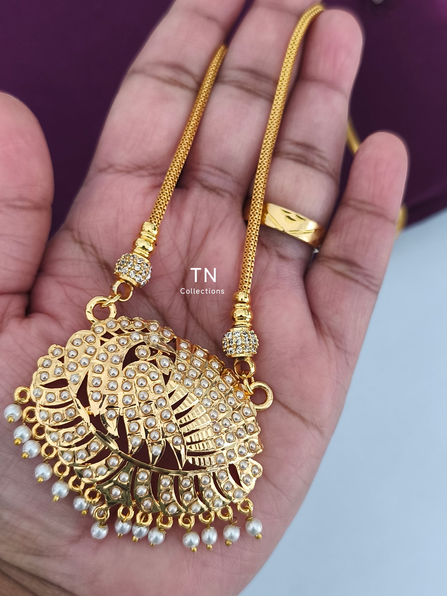 Micro gold plated Peacock Design Pathakkam with chain ( White Pearls & Stones)
