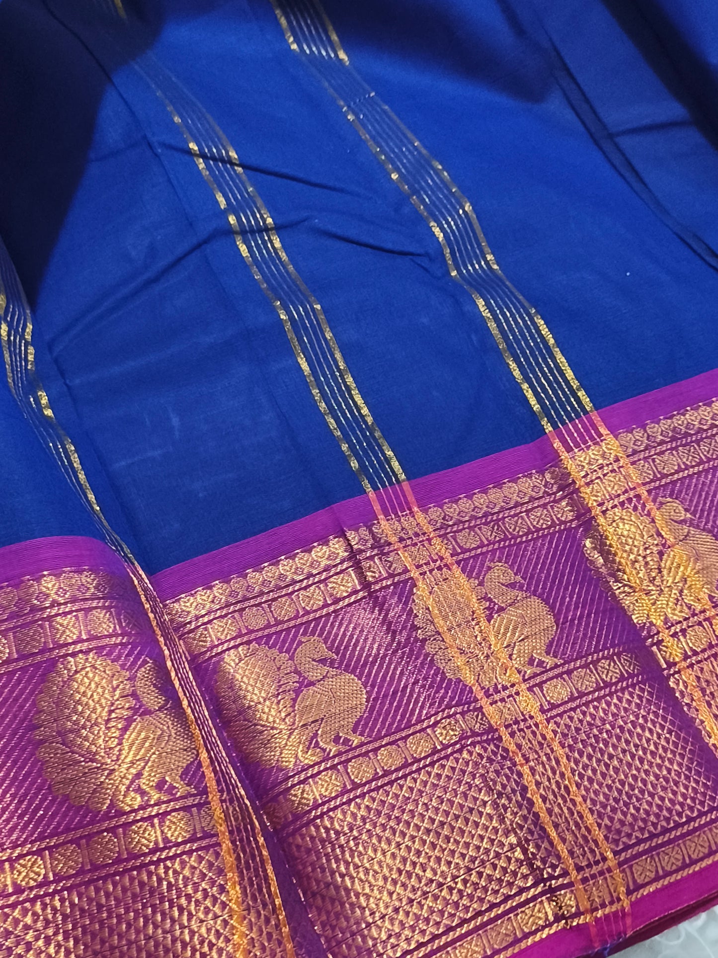 Blue Pure Chettinad cotton saree with Kalamkarai blouse