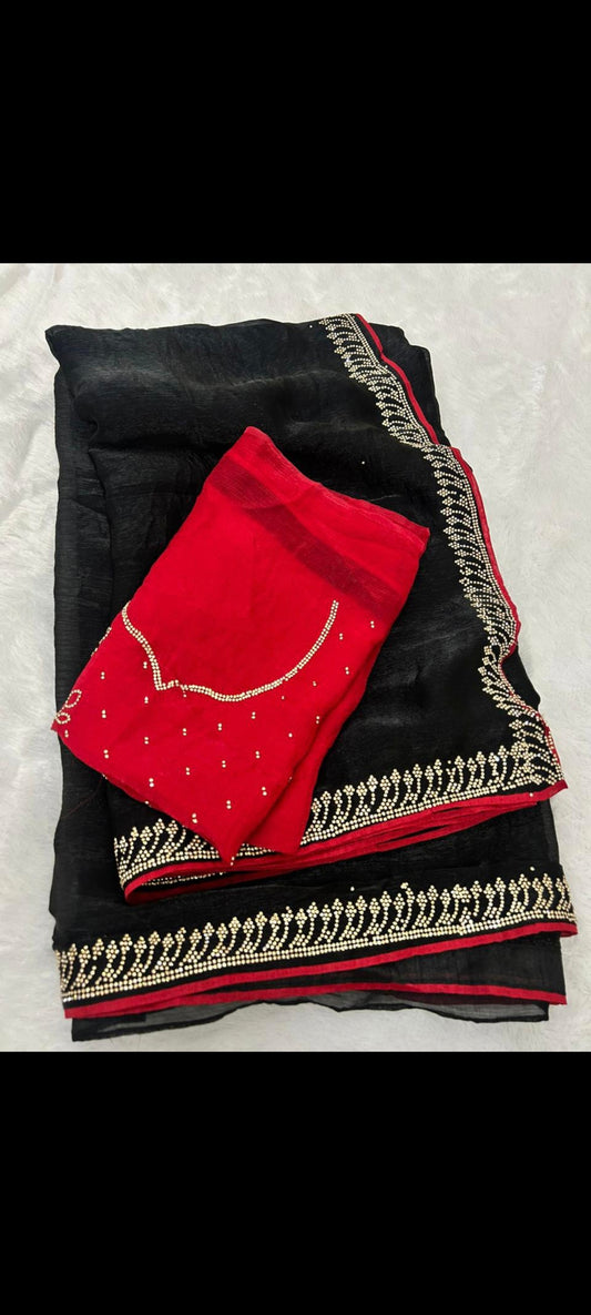 Black Party saree with Red Blouse Material