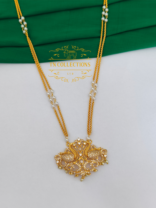 Micro Gold-Plated Traditional Pathakkam with double layer pearl chain (Full white stones)