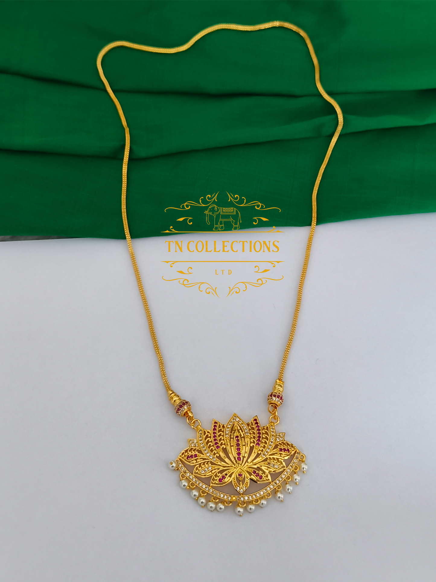 Micro Gold-Plated Lotus Pathakkam with Chain (Ruby & White stones)