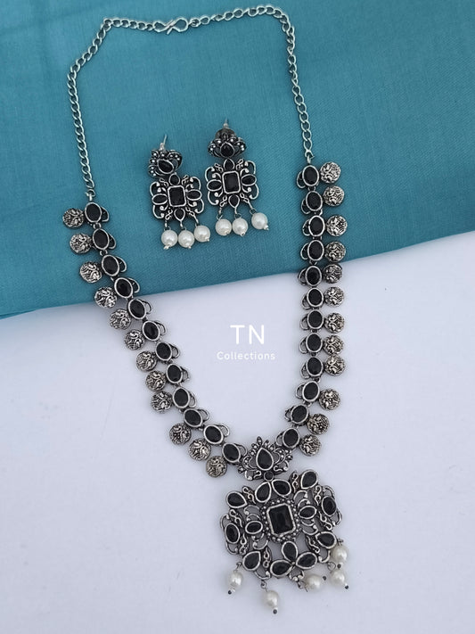 Oxidised Necklace Set- Black Stone