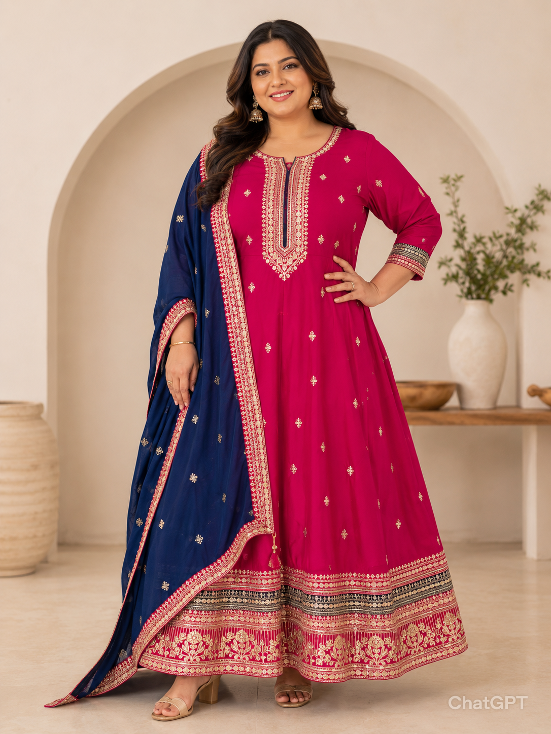 Grand 3pcs Party wear Anarkali Dress (Hot Pink)