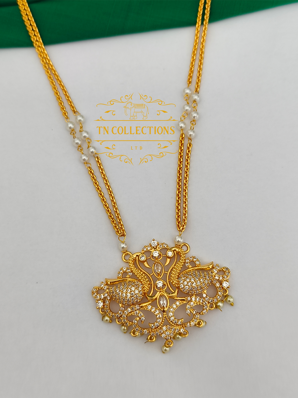 Micro Gold-Plated Traditional Pathakkam with double layer pearl chain (Full white stones)