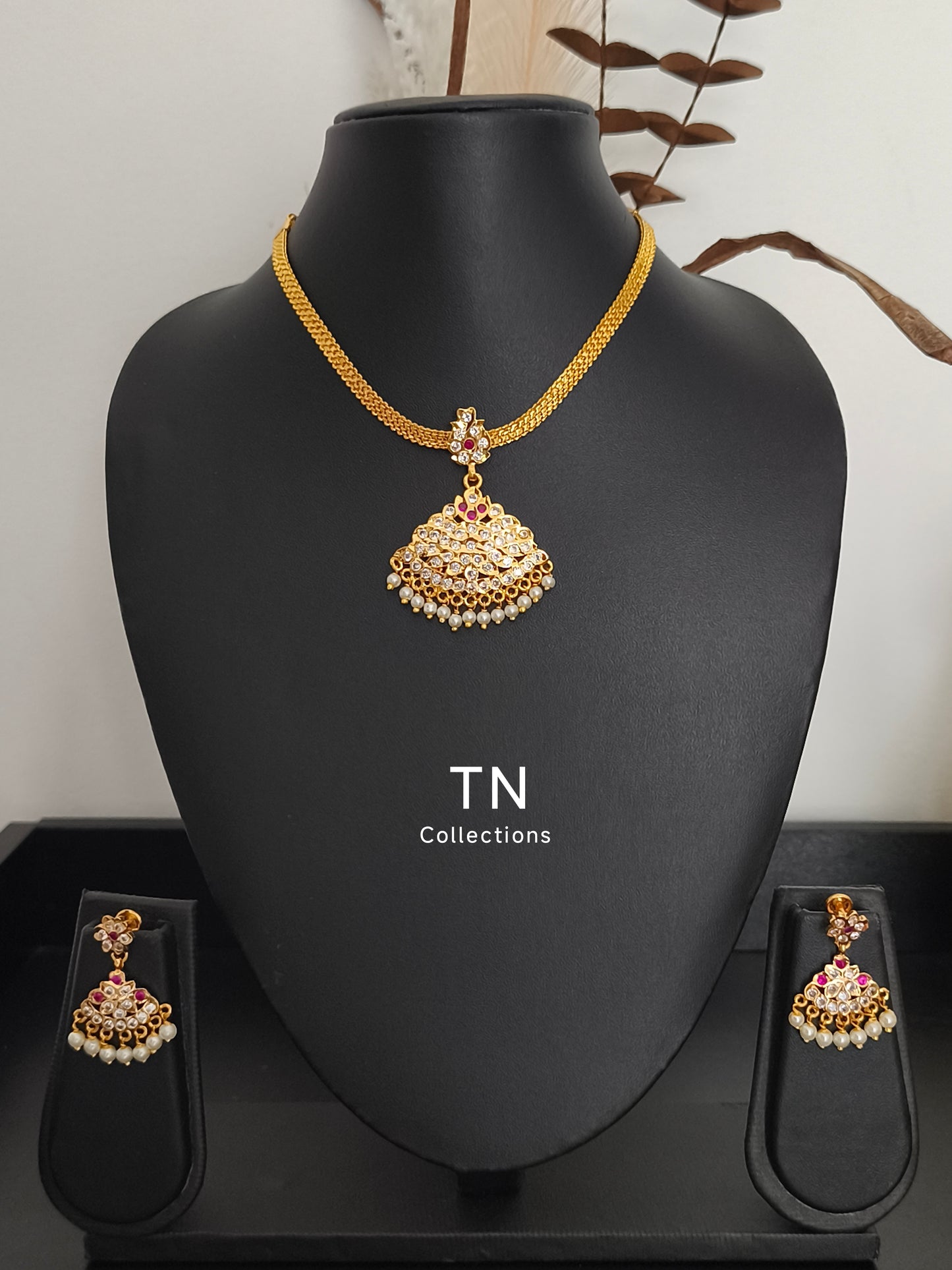 Traditional Micro gold plated Attiyal with earrings (Ruby & White stones)
