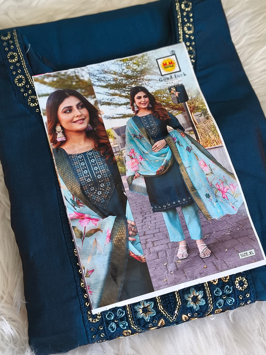 Stylish 3 Piece Embroidered Side Open Shalwar Suit with Floral Dupatta- (Size XL)