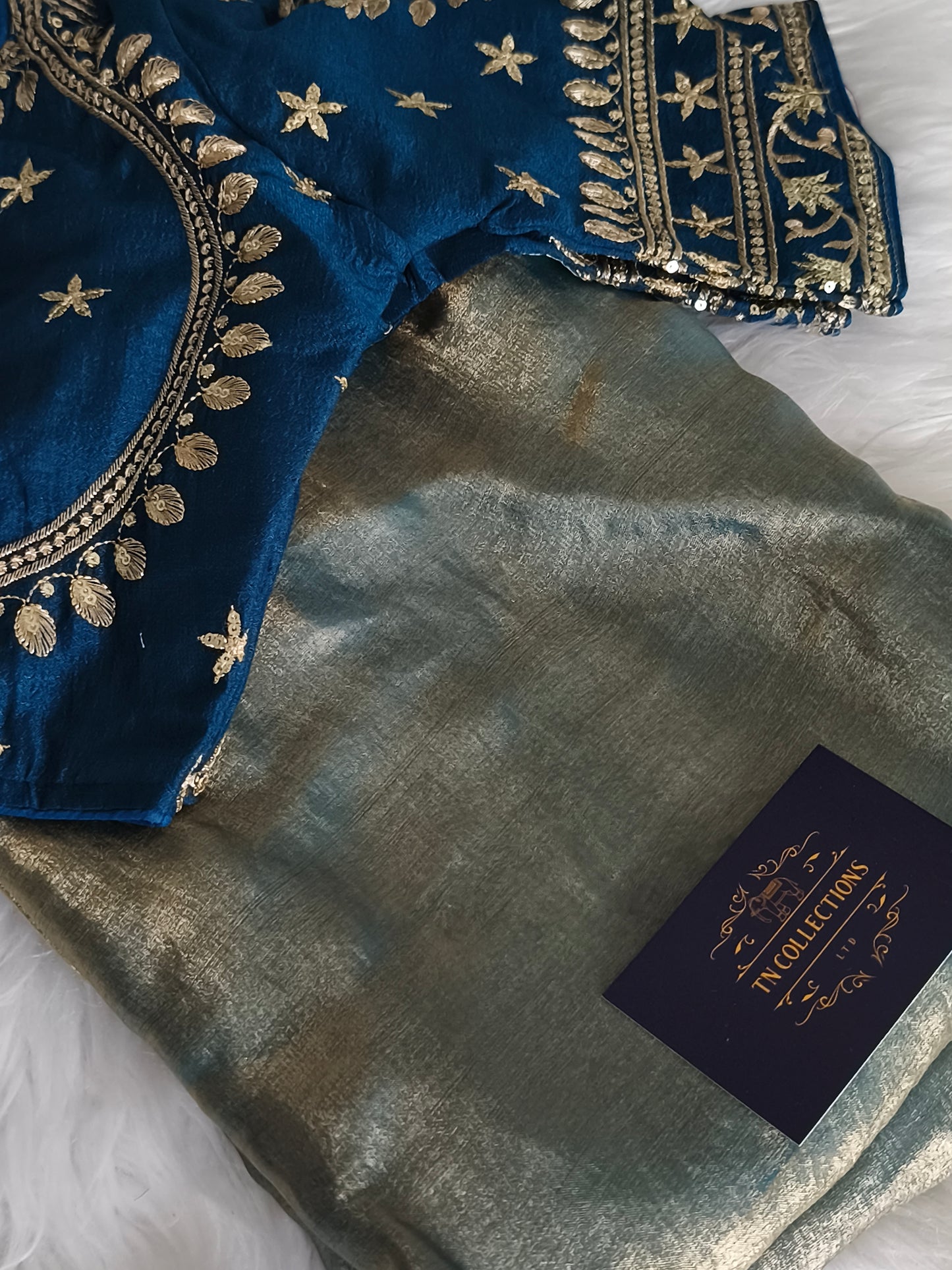 Blue Soft and shiny Space silk saree with Readymade Blouse