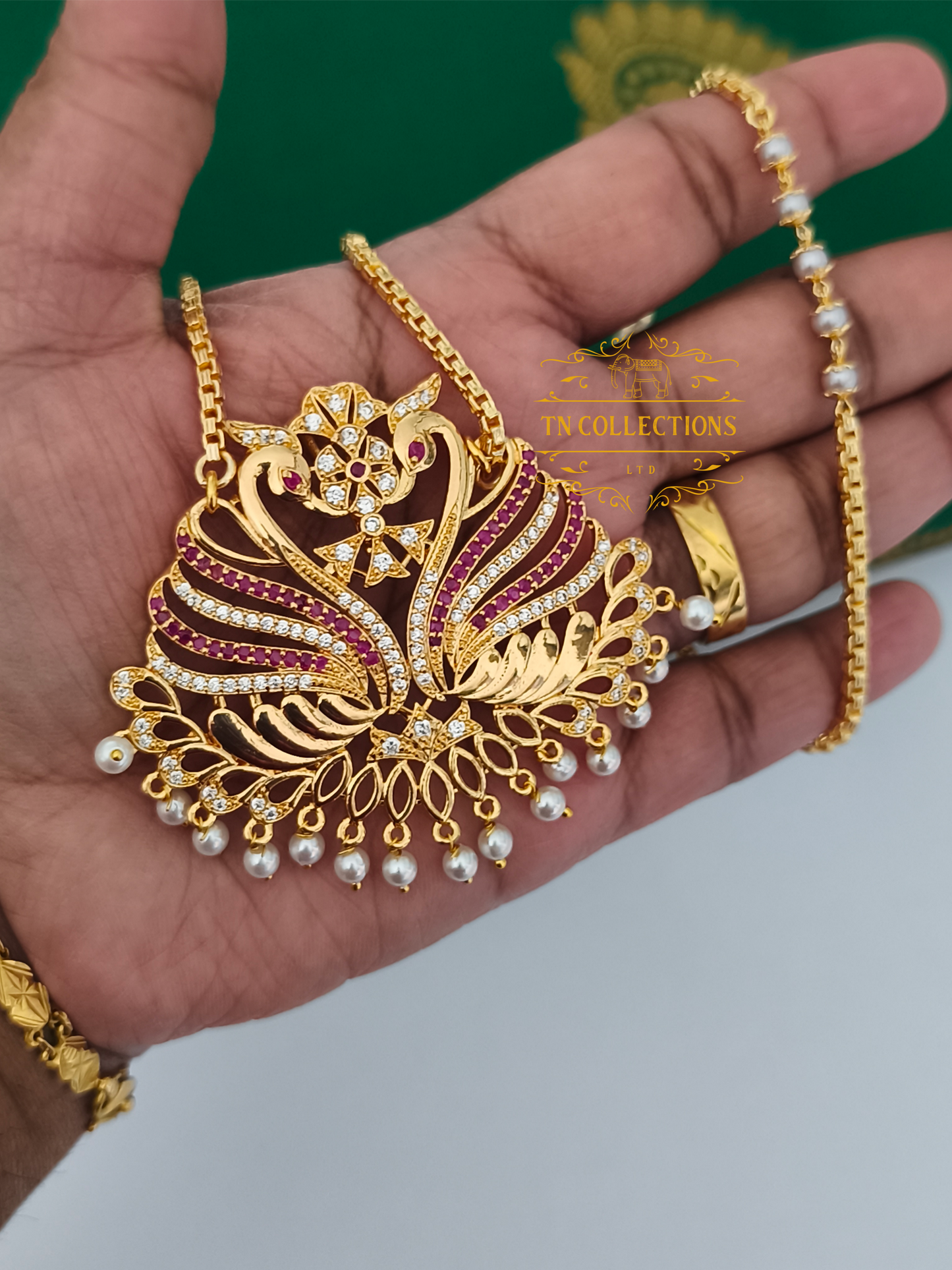 Micro Gold-Plated Traditional Peacock Design Attiyal Pathakkam Set (Ruby & White)