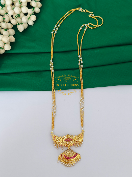 Micro Gold Finish Traditional Pathakkam with Pearl chain (Ruby & White stones)