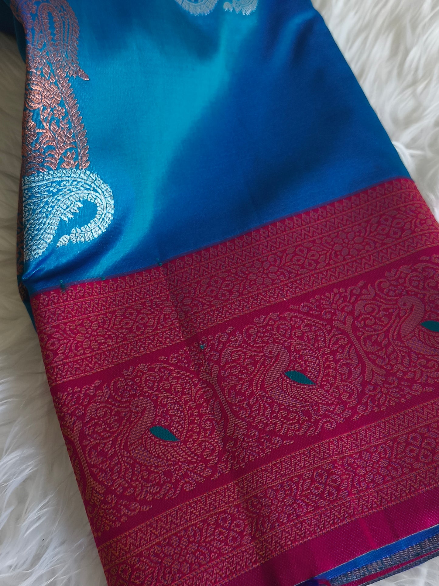 Peacock blue Kanchi Soft Silk Saree with contrast blouse and rich pallu