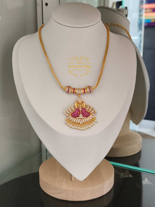 Micro Gold-Plated Peacock Attiyal (Ruby and white stones)