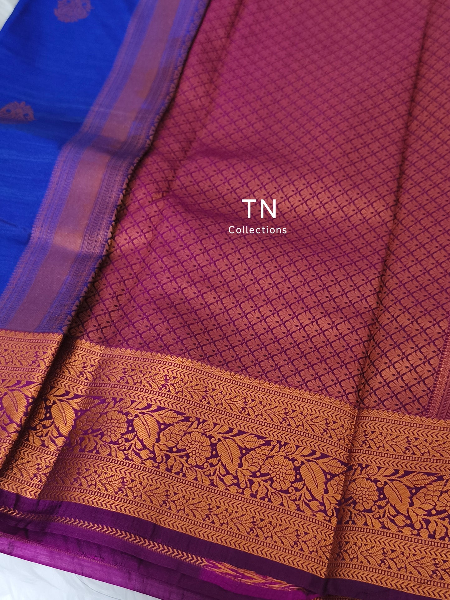 Blue Premium Kanchi Semi Silk saree with contrast blouse