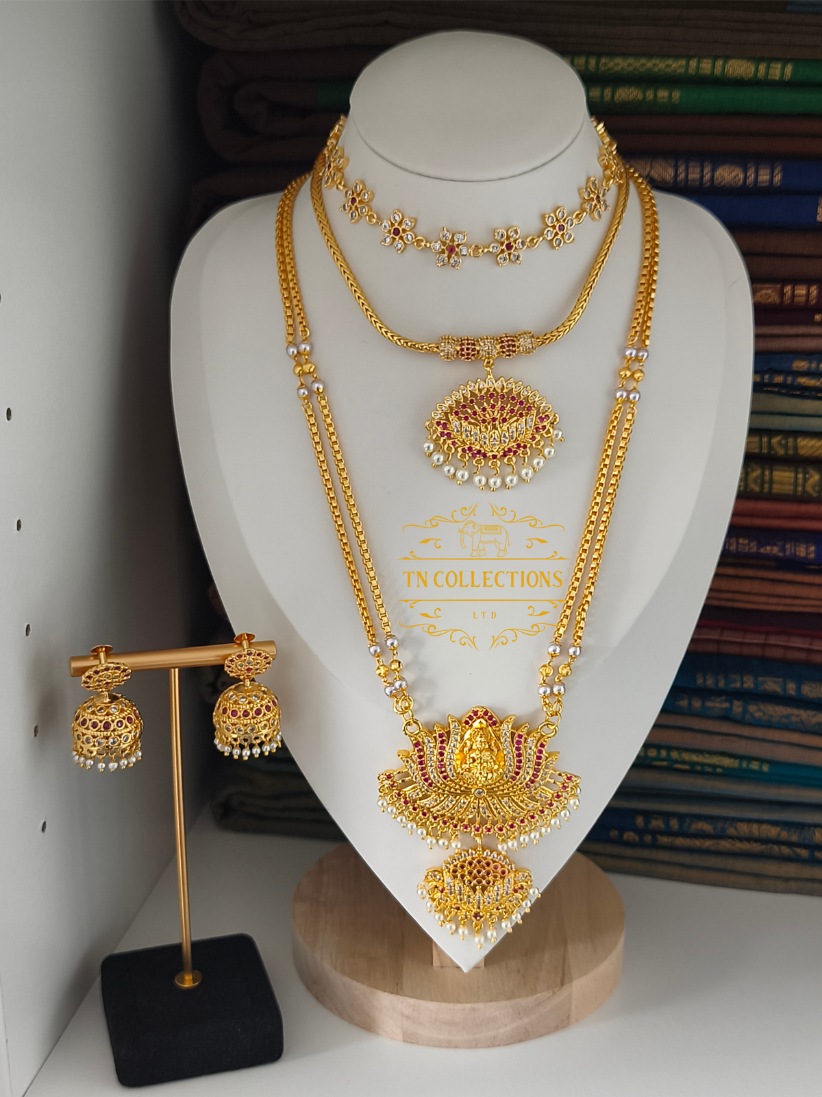Micro Gold-Plated Trendy Semi Bridal Set (Ruby & White Stones)