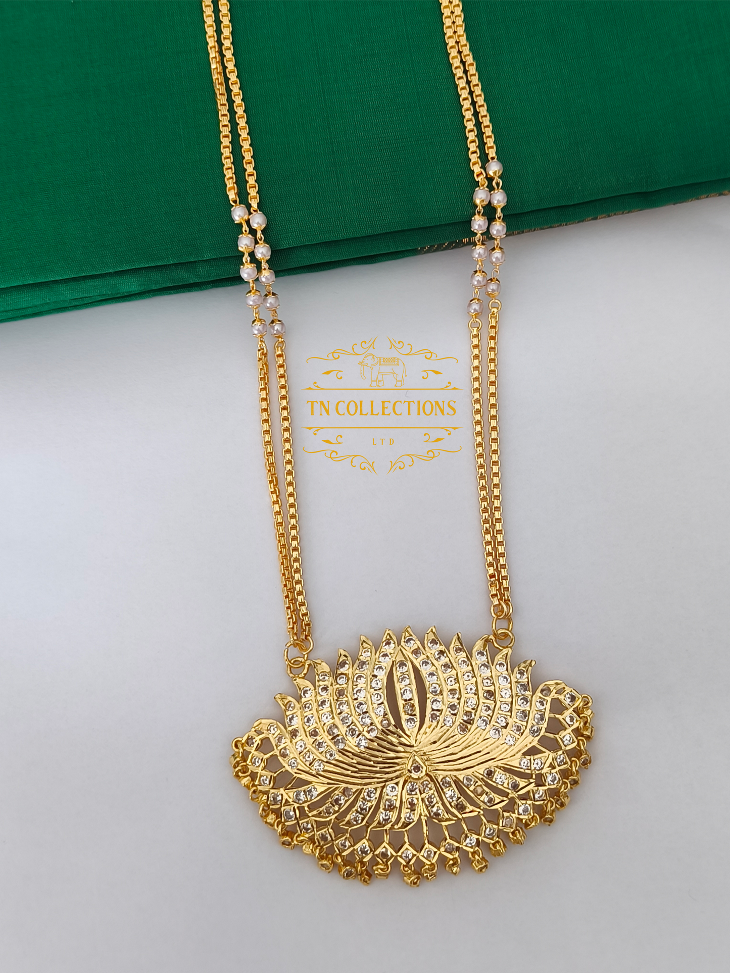 Micro Gold-Plated Impon Lotus Pathakkam with Double layer pearl chain