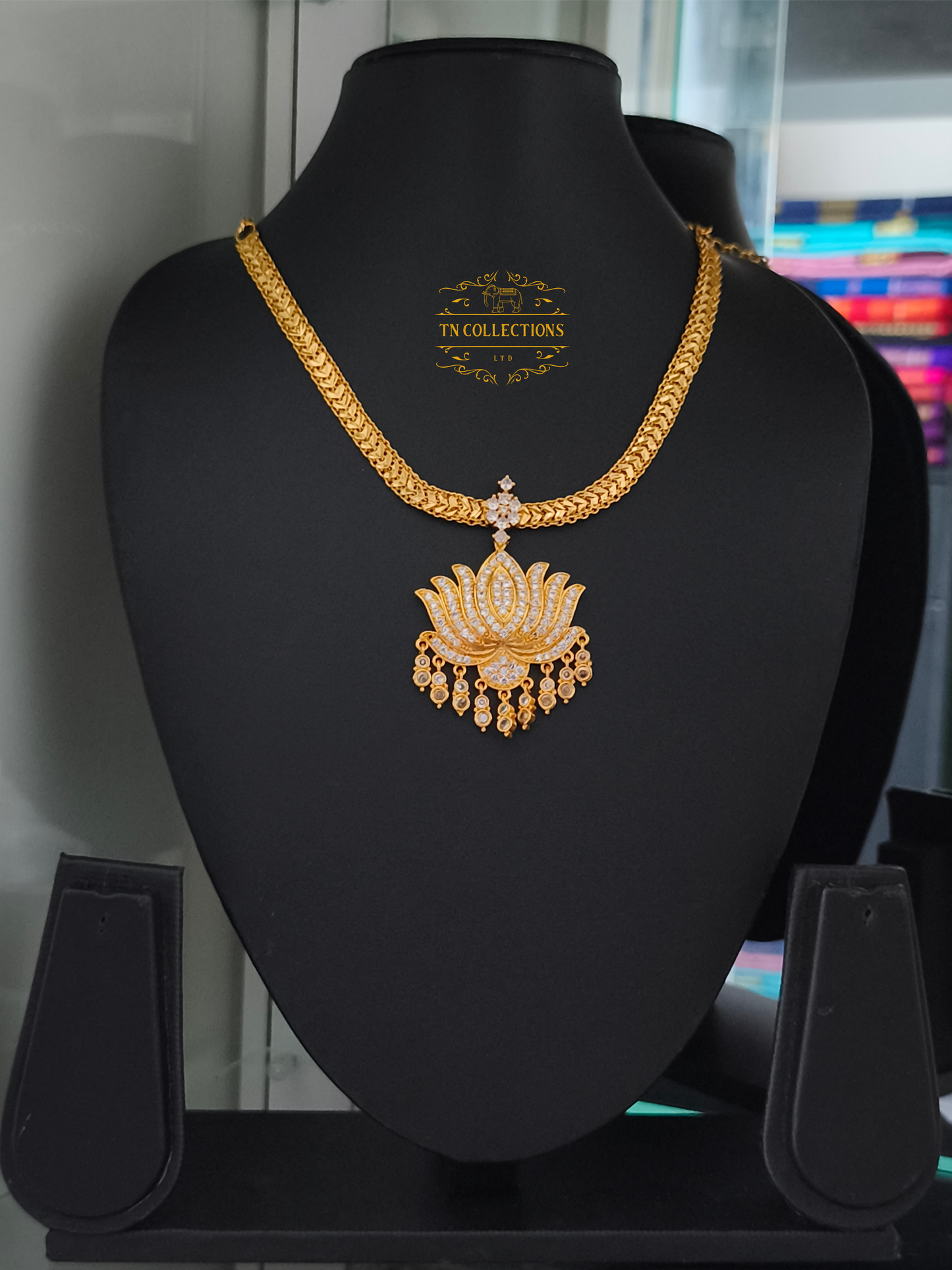 Micro Gold plated Lotus Necklace (Full White stones)